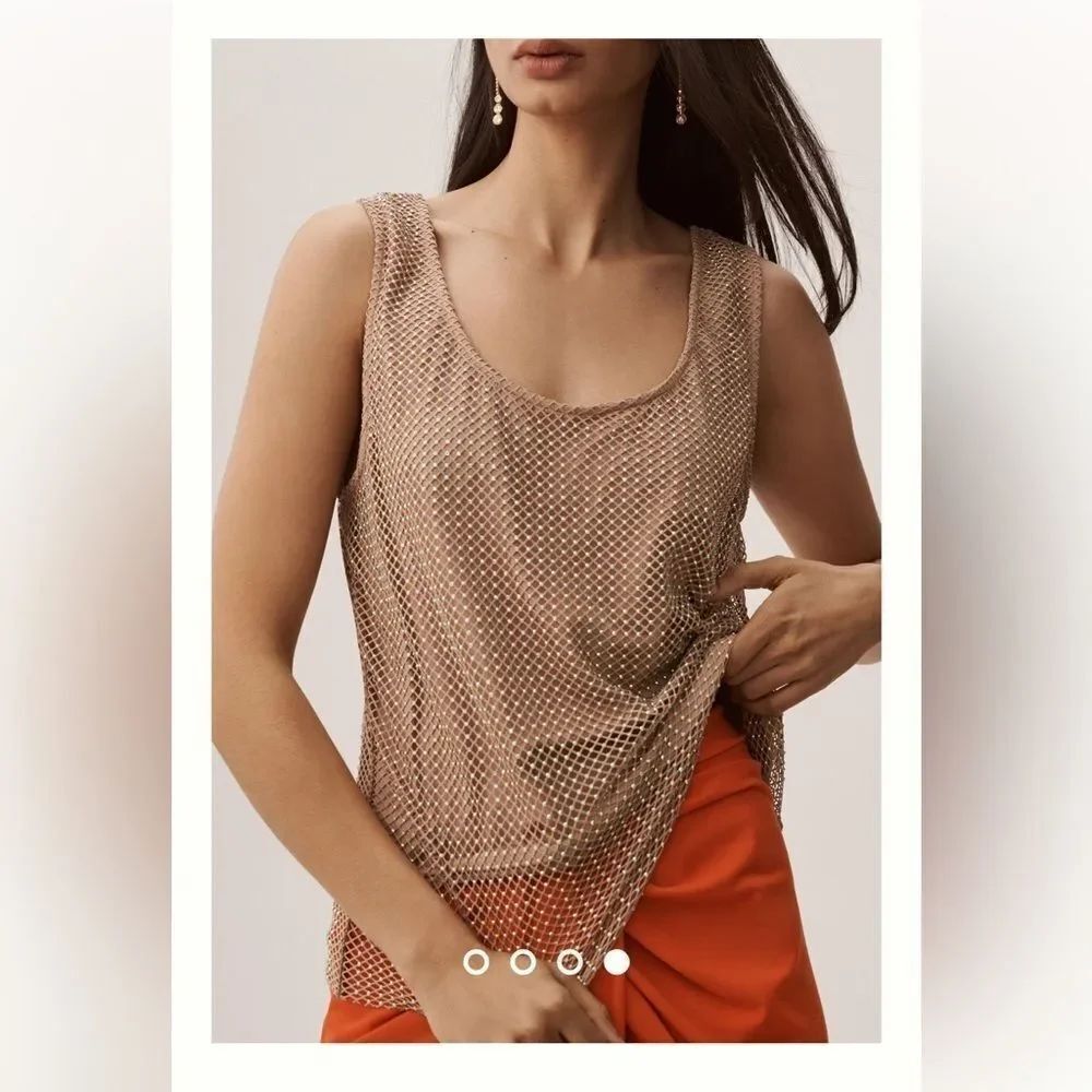 Sunday in Brooklyn Rhinestone Mesh Tank in Beige